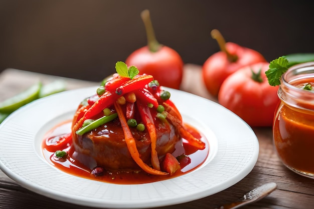 A plate of food with a red sauce and vegetables on top