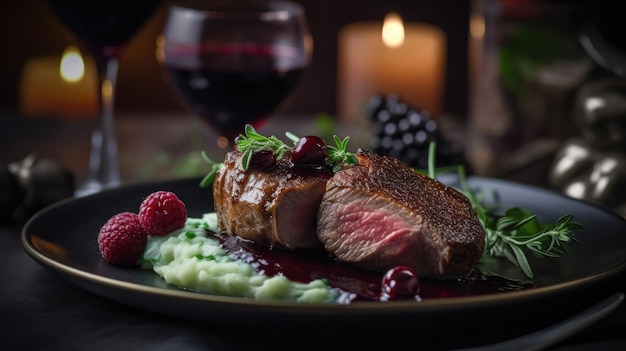 A plate of food with a red wine in the background