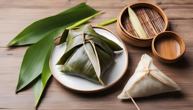 Photo a plate of food with rice and a banana leaf on it