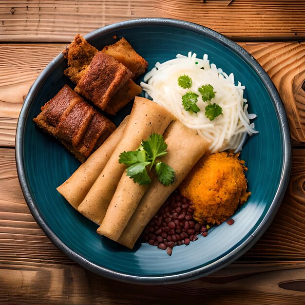 A plate of food with rice, beans, and a green leaf on it.