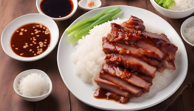 a plate of food with rice beans and rice