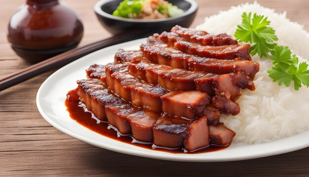 a plate of food with rice and a bottle of ketchup