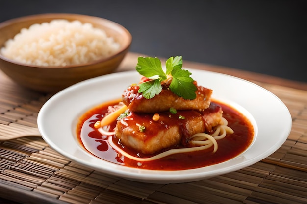 a plate of food with rice and a bowl of rice.