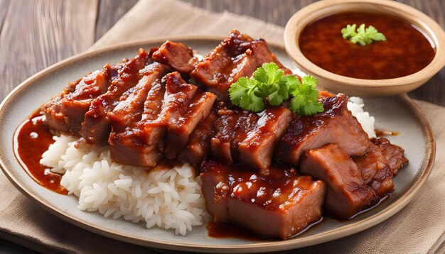 a plate of food with rice and a bowl of rice