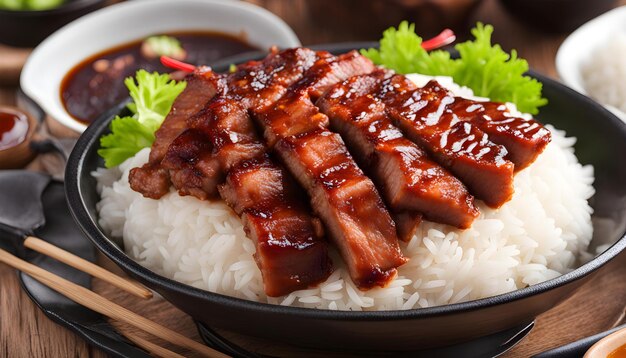 a plate of food with rice and a bowl of soy sauce