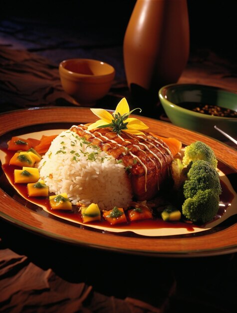 Photo a plate of food with rice broccoli and carrots on it