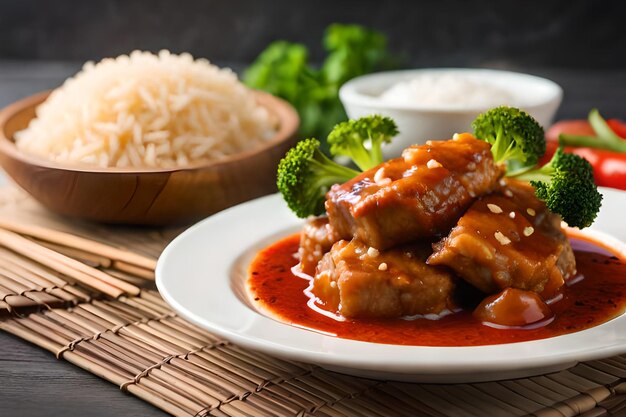 a plate of food with rice and broccoli on it.