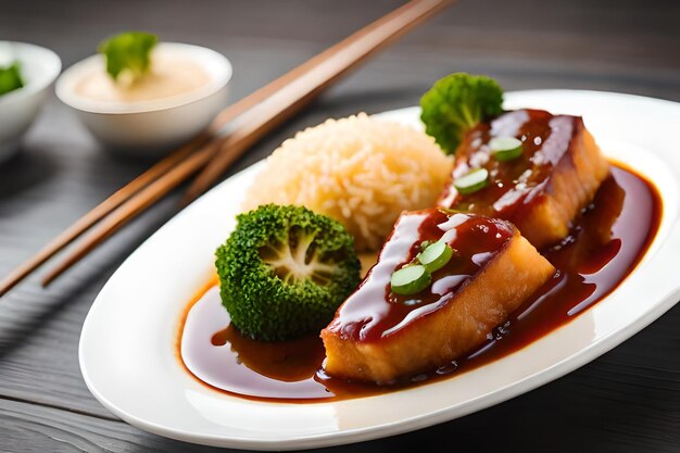 a plate of food with rice and broccoli on it.