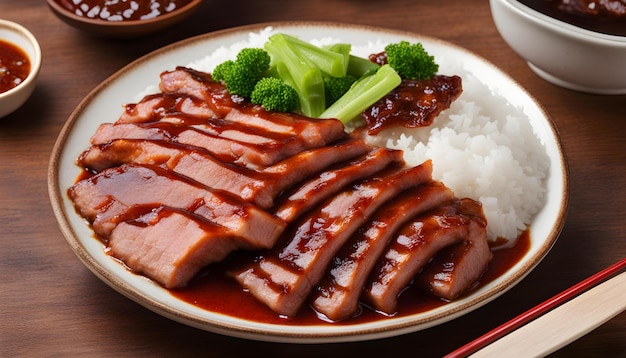 Photo a plate of food with rice broccoli and rice