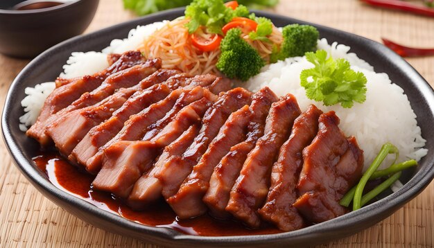 Photo a plate of food with rice broccoli and rice