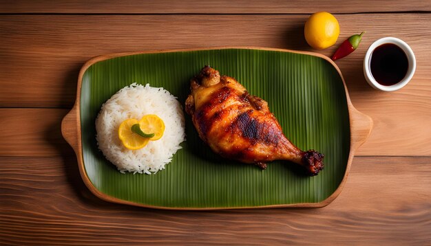 Photo a plate of food with rice and a chicken on it