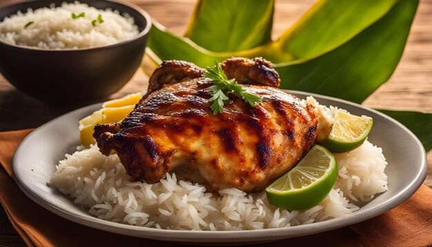 Photo a plate of food with rice chicken and lemon slices