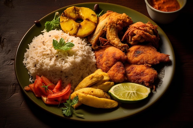 A plate of food with rice, chicken, and vegetables.