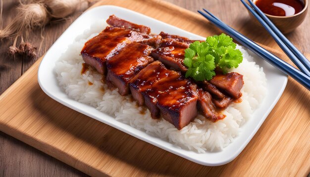 Photo a plate of food with rice and a chop stick