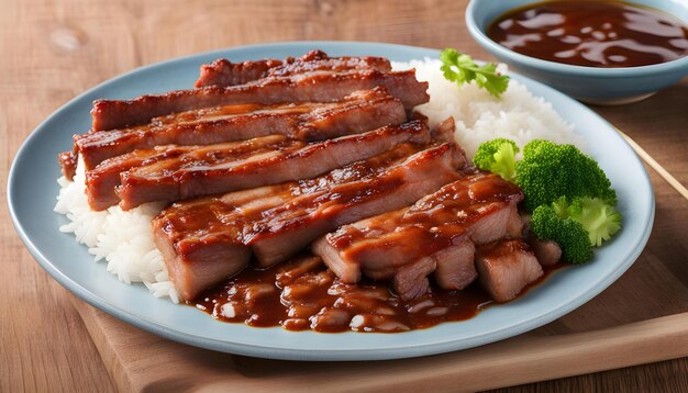 Photo a plate of food with rice meat and broccoli