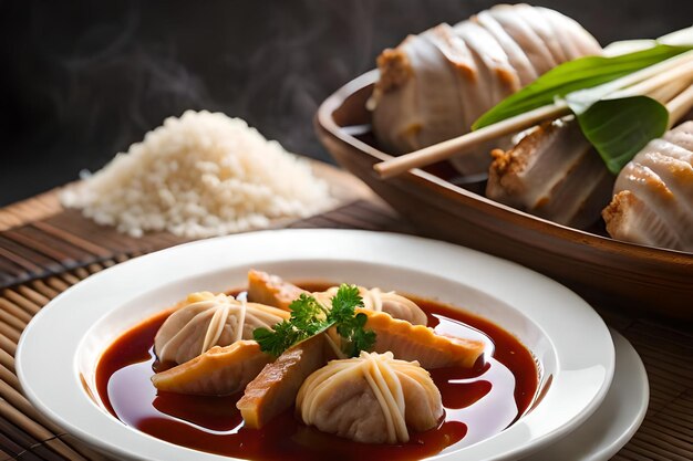 a plate of food with rice and meat on it