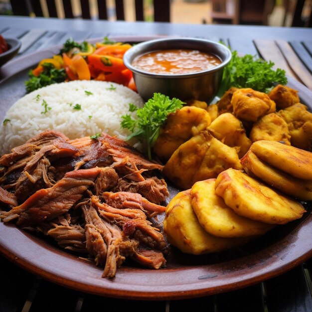 A plate of food with rice, meat, and vegetables on it.