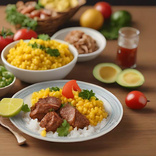 Photo a plate of food with rice meat and vegetables on a table