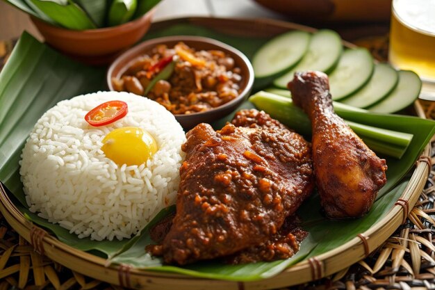 Photo a plate of food with rice meat and vegetables