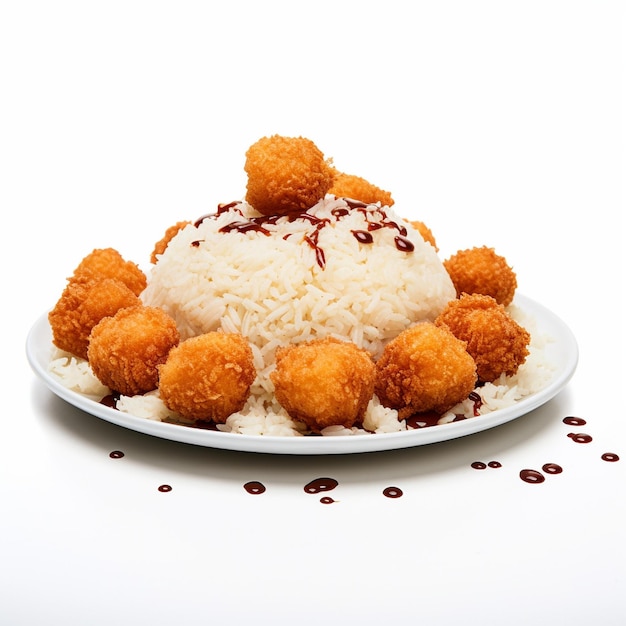 Тарелка еды с рисом и фрикадельками