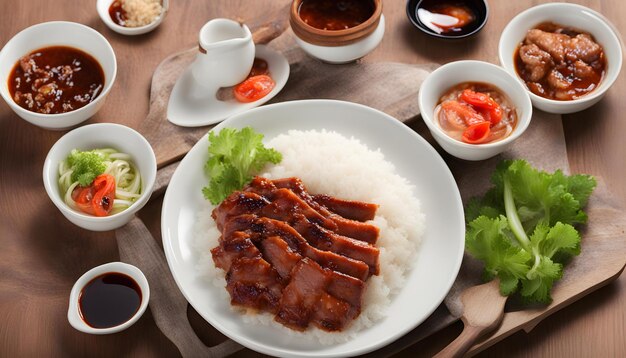 Photo a plate of food with rice and a plate of food on it