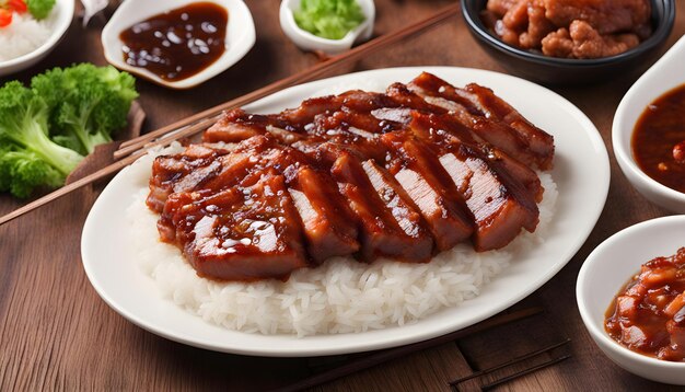 Photo a plate of food with rice and a plate of food on it