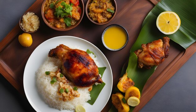 a plate of food with rice and a plate of rice and a chicken on it