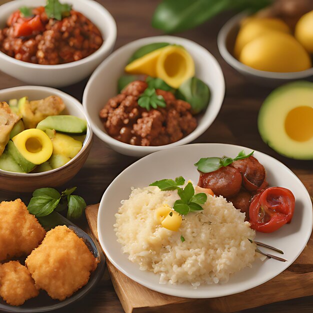 Photo a plate of food with rice and a plate of rice with a lemon wedge on it