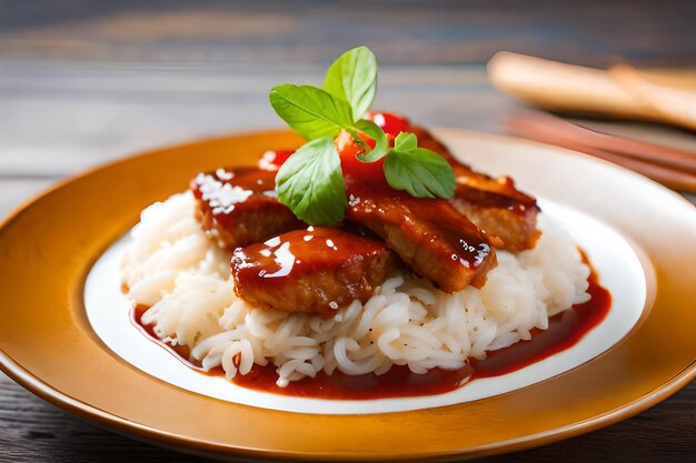 a plate of food with rice and a red sauce.