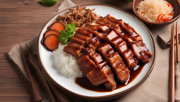 a plate of food with rice rice and chopsticks