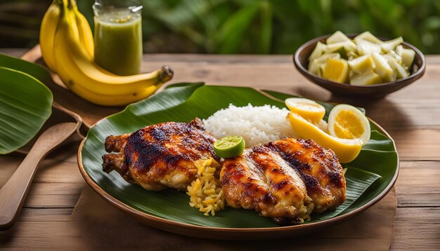 a plate of food with rice rice and a glass of green juice