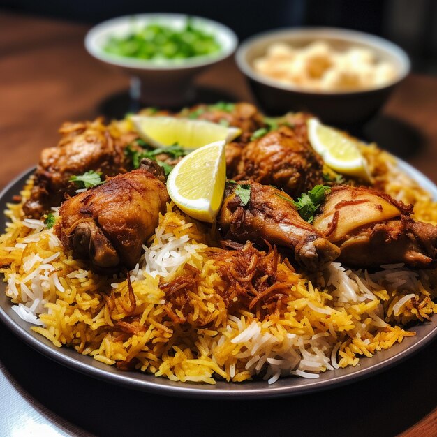 A plate of food with rice rice and a lemon wedge