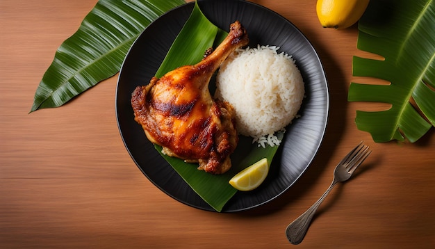 a plate of food with rice rice and a lemon