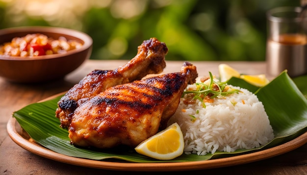 Photo a plate of food with rice rice and lemon