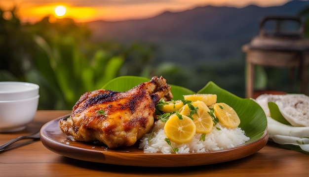 Photo a plate of food with rice rice and a piece of chicken on it