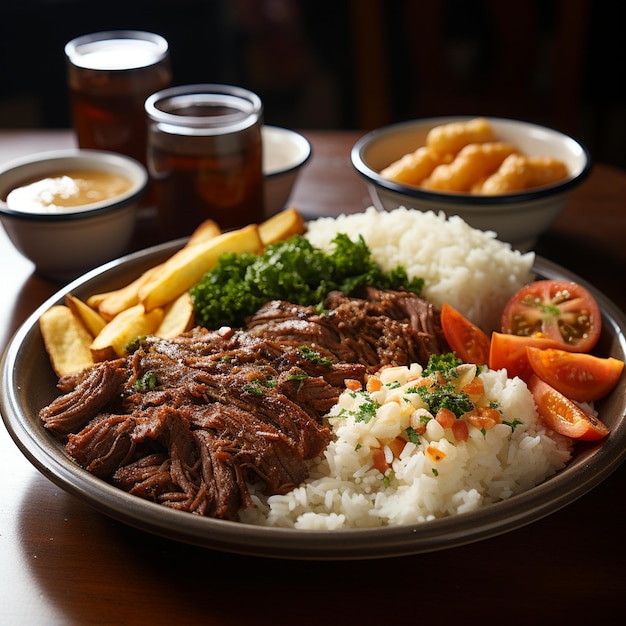 A plate of food with rice, rice, and a plate of food on it.