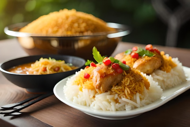 a plate of food with rice and rice with rice and rice.