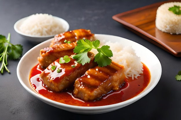 a plate of food with rice and a tray of rice.