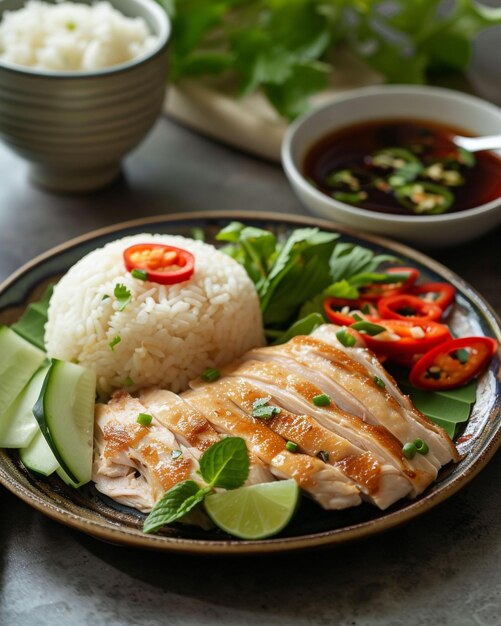 Photo a plate of food with rice vegetables and a bowl of rice