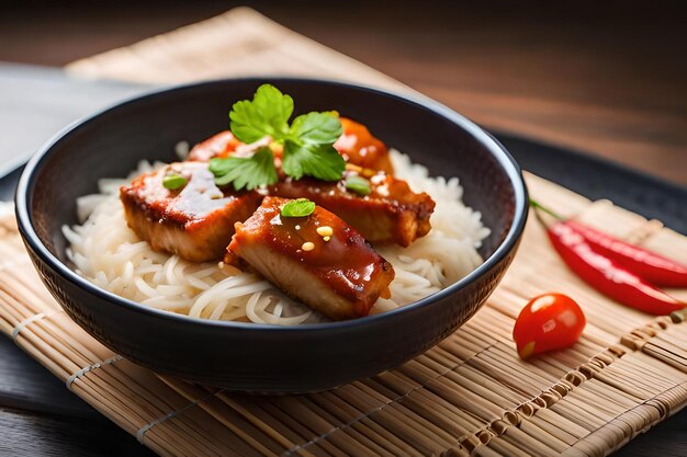 a plate of food with rice and vegetables on a wooden mat.