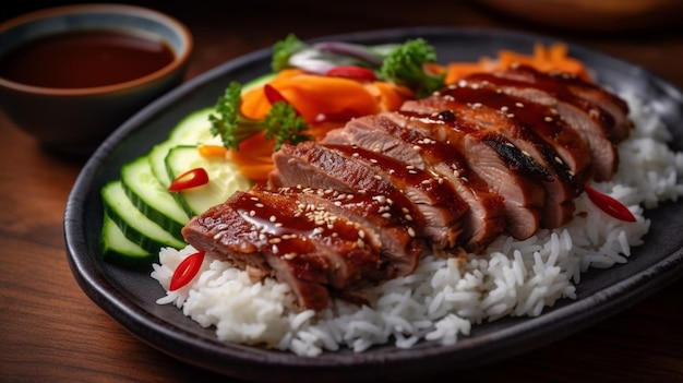 A plate of food with rice and vegetables