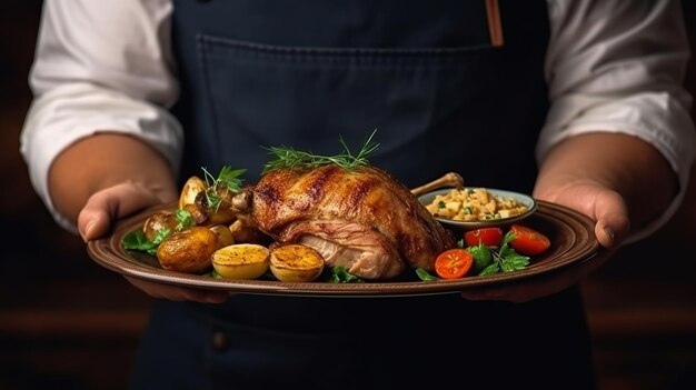 A plate of food with a roast chicken on it.