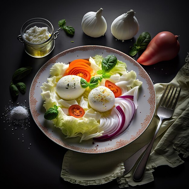 A plate of food with a salad and a fork and spoon on the side.