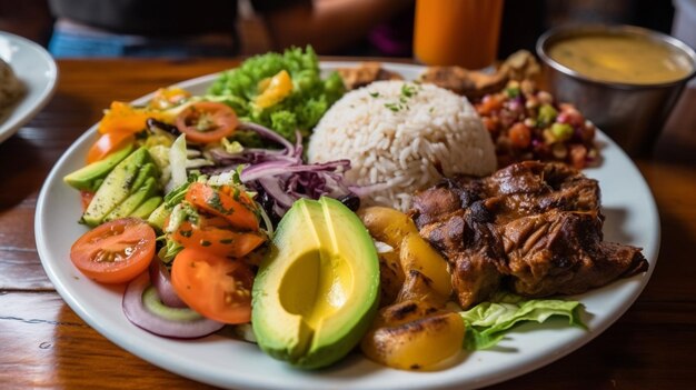 A plate of food with a salad and a glass of beer