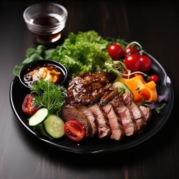 A plate of food with a salad and a glass of water.