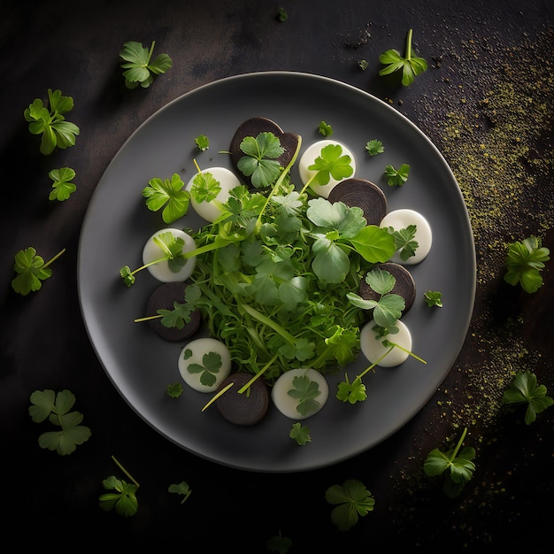 A plate of food with a salad on it and a sprig of parsley on the side.