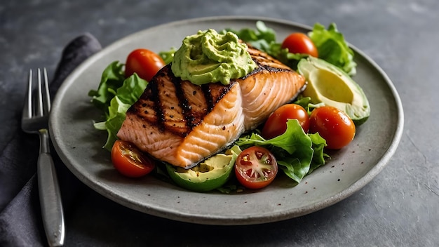 a plate of food with salmon avocado and avocado