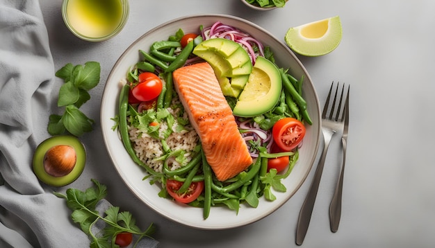 Foto un piatto di cibo con un salmone e un avocado