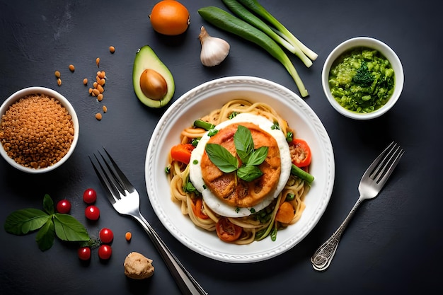 A plate of food with a salmon dish on it