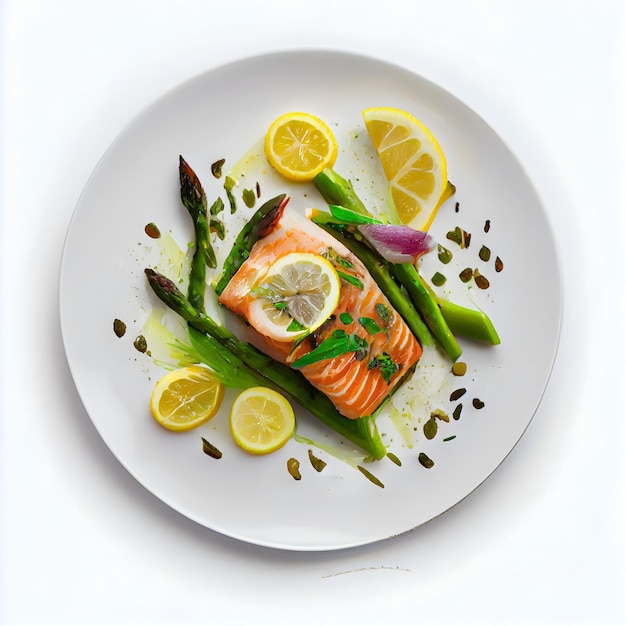 A plate of food with a salmon on it and asparagus on the side.